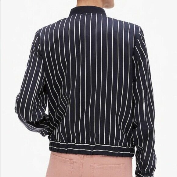 Banana Republic Blue White Tencel Vertical Stripe Bomber Jacket Size Small - Picture 3 of 5